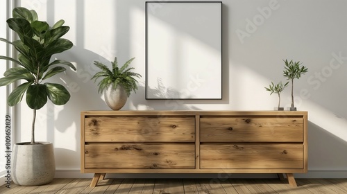 Frame mockup, wood cabinet chest of drawers home interior, wall poster frame, 3D render photo