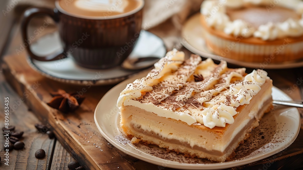 Several French vanilla slices and a cup of coffee on a rustic wooden table Several French vanilla slices and a cup of coffee on a rustic wooden table