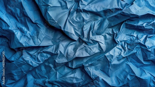 The background features a crumpled blue fabric texture photo