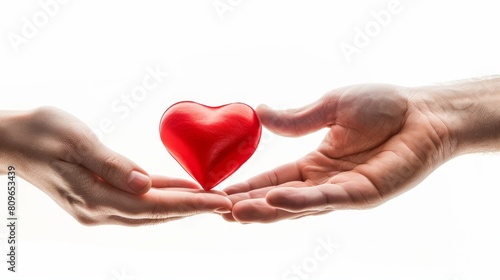 A red heart is in the hands of a woman and man on a white background. The concept is of love  giving gifts  and donorship.