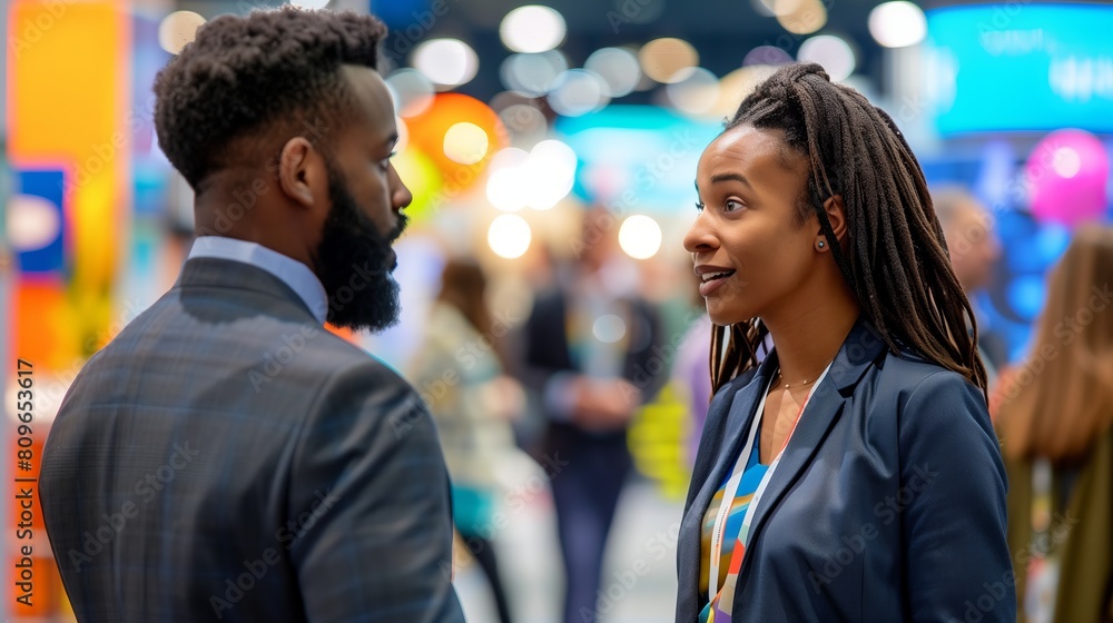 Professional Man and Woman Networking at a Business Expo African American Colleagues in Discussion Professional Man and Woman Networking at a Business Expo African American Colleagues in Discussion