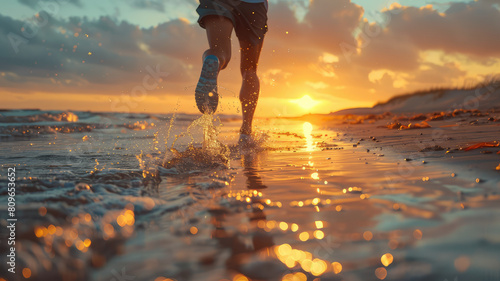 Obraz na płótnie woman running on beach in morning sunrise w salonie