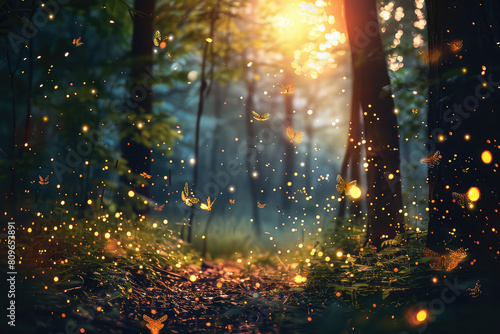 Fireflies flying in the dark, Glowing bugs in night forest photo