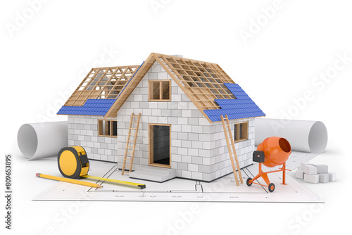 Fototapeta Naklejka Na Ścianę i Meble -  House construction with blueprints, 3d illustration