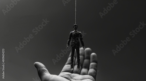Human hand holding marionette. Black and white image.