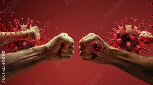 Two fists with a man's face and a woman's face collide on a coronavirus background. Concept of domestic violence, squabbling, fight during the coronavirus covid-19 pandemic. photo