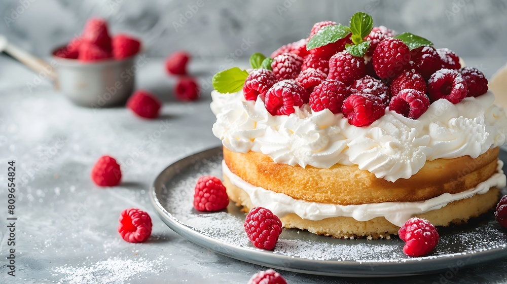 Tres leches cake with whipped cream and fresh raspberries on top of a gray concrete background Tres leches cake with whipped cream and fresh raspberries on top of a gray concrete background