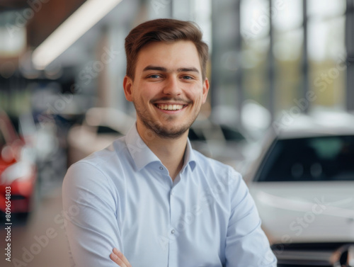 Portrait of beautiful business person smiling consultant in car salon. Car dealer in showroom