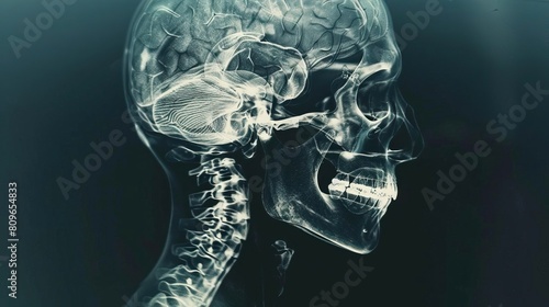 A diagnostic Xray image highlighting the brain, revealing the cranial bones and ligaments, offering valuable insights for medical professionals