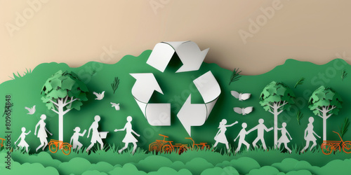 Recycle Symbol, many people doing activities, enjoy their life in a good atmosphere, save the planet and energy concept