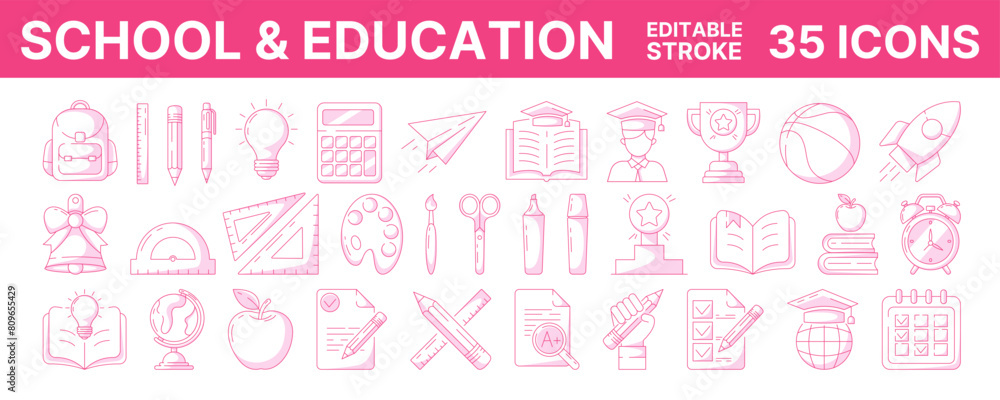 School and education, line vector icon set, editable stroke, color. Back to school concept, symbols of knowledge, learning, study, task list, stationery, backpack. For web, mobile app, social media
