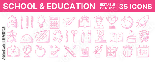 School and education, line vector icon set, editable stroke, color. Back to school concept, symbols of knowledge, learning, study, task list, stationery, backpack. For web, mobile app, social media