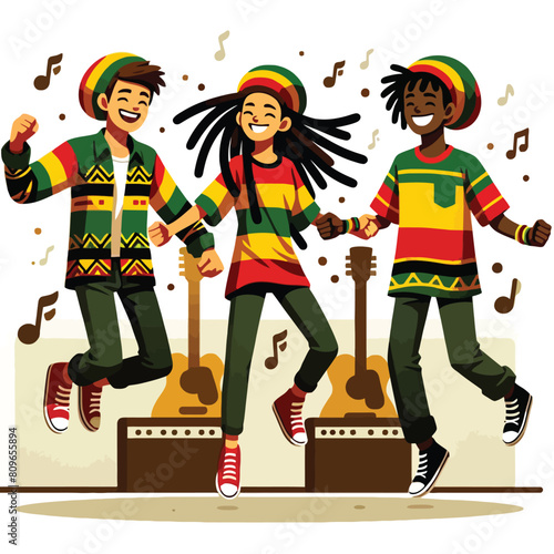 cartoon of young people in reggae outfits jumping happily to celebrate international reggae day