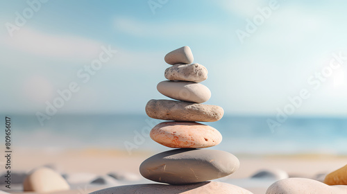 Balanced stones stacked on the beach