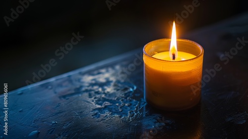 A candle burns on a dark table  symbolizing peace