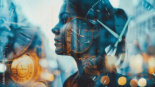 Concept of time management and deadlines with a multi-exposure image of a woman and clocks. photo