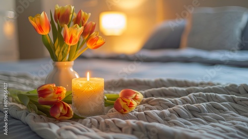 A close-up view of a burning candle and a vase with tulips positioned on a bed