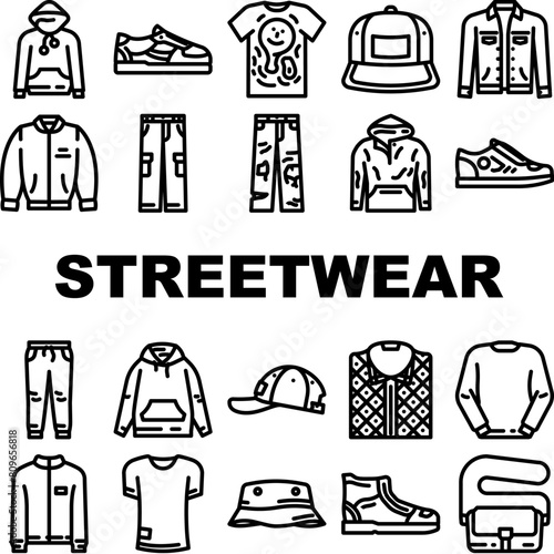 streetwear cloth urban style icons set vector. print element, shirt woman, abstract fashion, shop wear, globe angel, futuristic streetwear cloth urban style black contour illustrations