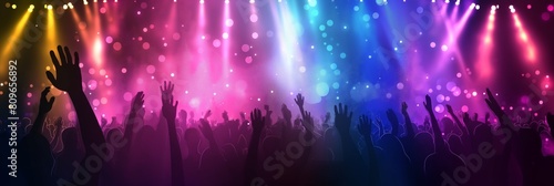 Lively image of a concert with a jubilant crowd, vibrant stage lighting, and a festive atmosphere, emphasizing enjoyment and celebration