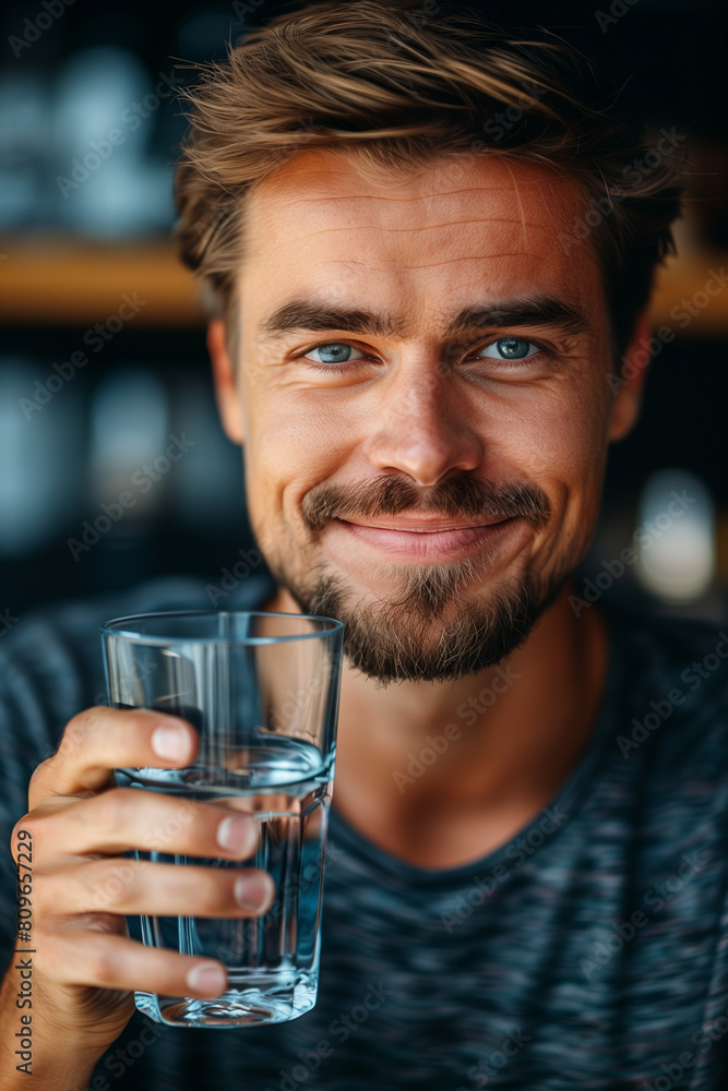 Portrait of adult caucasian man stand at home and hold glass of water Portrait of adult caucasian man stand at home and hold glass of water
