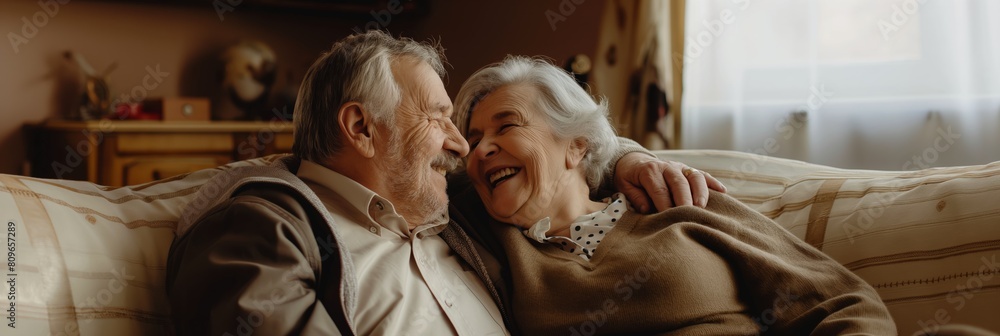 Obraz premium Affectionate elderly couple sharing a laugh in a warm, private setting, reflecting a lifetime bond