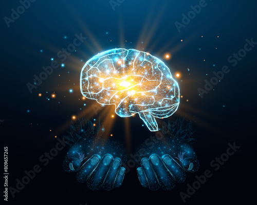 Two human hands are holds human brain. Support healthy brain concept. Wireframe glowing low poly design on dark blue background. Abstract futuristic vector illustration.