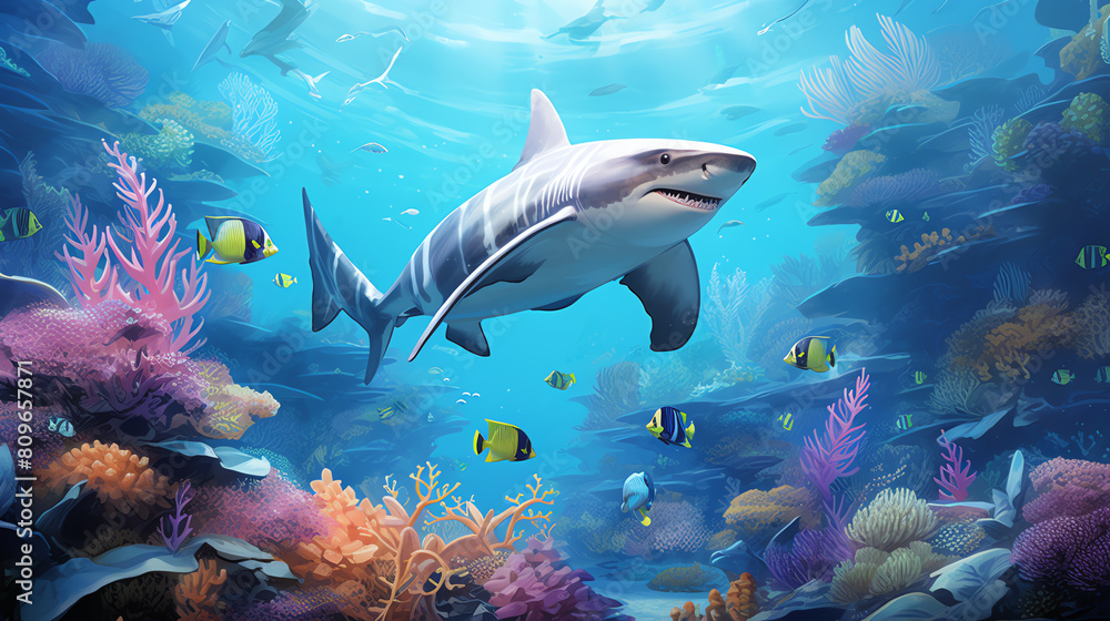 Fototapeta premium A beautiful and vibrant coral reef with a large shark swimming through it