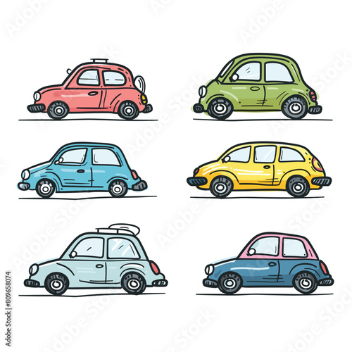 Colorful compact cars illustration, various colors, simple cartoon style, different model. Cute small vehicles, urban transport theme, handdrawn feel, cheerful design. Collection small cartoon cars photo