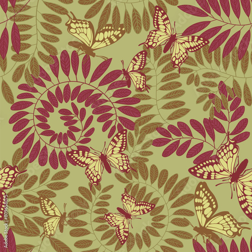 Olive green tropical print. Seamless background for fabrics, textiles, packaging and wallpaper. The theme of ecology and love for nature, nature conservation. Vector illustration © Raman Maisei