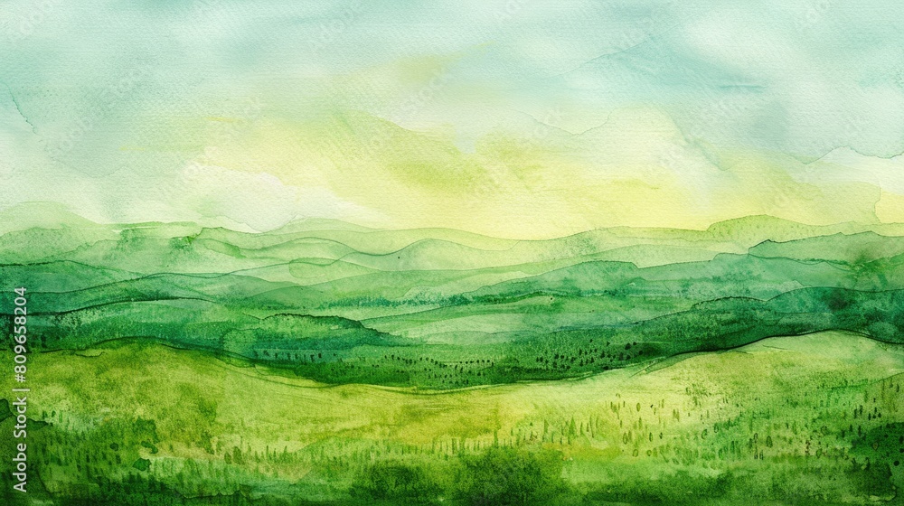 Watercolor Background of Green Landscape on Textured Paper