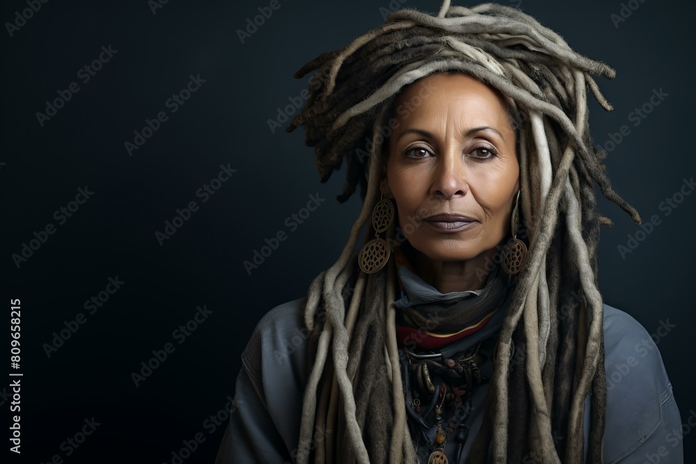 Portrait of a poised mature woman with stylish dreadlocks and ethnic accessories Portrait of a poised mature woman with stylish dreadlocks and ethnic accessories
