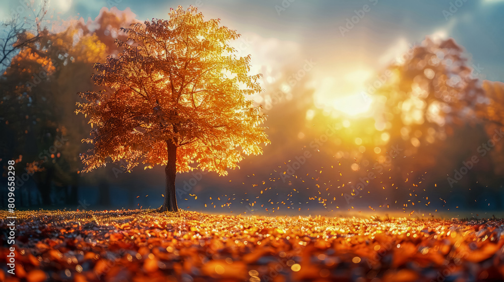 Autumn park at Sunset. Yellow and orange leaves fall, whirl in air like wind and lie down on ground in dense layer, basking in warm glow of setting sun amid forest. Splendor bright rays of sun.