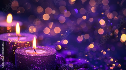 Candles adorned with purple glitter burn in the darkness  surrounded by blurred  abstract lights