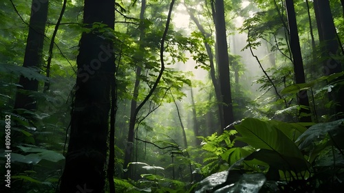 Enchanting Forest Landscape with Sunlight Filtering Through Lush Green Foliage and Misty Trails  Discovering the Tranquil Beauty of Woodland Parks  A Journey Through Sunlit Paths and Misty Woods  Embr