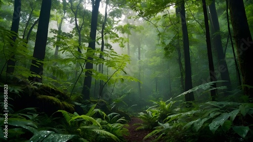 Enchanting Forest Landscape with Sunlight Filtering Through Lush Green Foliage and Misty Trails  Discovering the Tranquil Beauty of Woodland Parks  A Journey Through Sunlit Paths and Misty Woods  Embr