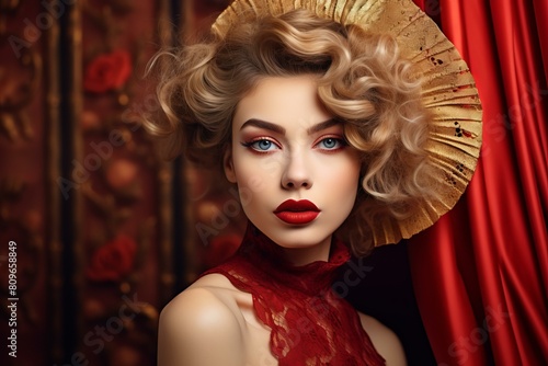 Portrait of a woman with vintage makeup and a golden fan  exuding classic elegance