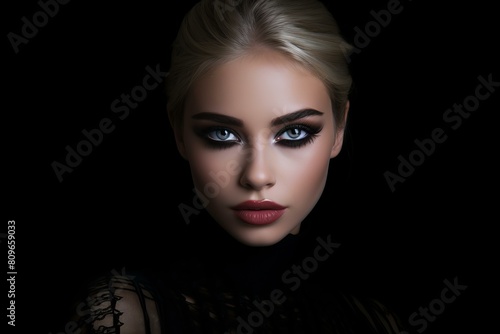 Close-up portrait of a woman with stunning makeup and piercing eyes on a dark background