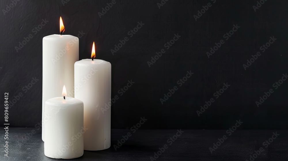 Three white candles of varying sizes burn against a black background, isolated from other elements