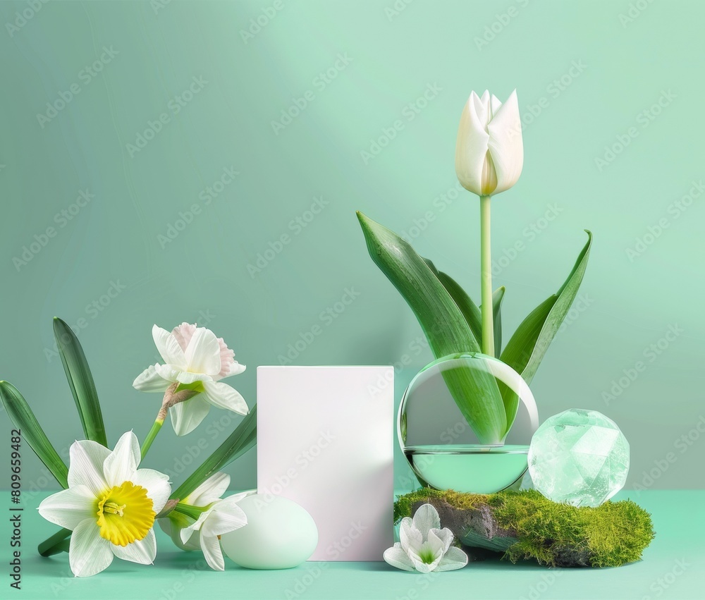 Dreamy Pastel Green Minimalist Floral Setup with Crystal Globe and Nature Elements Against Mint Background Dreamy Pastel Green Minimalist Floral Setup with Crystal Globe and Nature Elements Against Mint Background