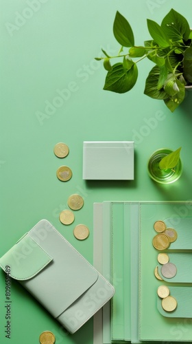 Sustainable Investing Scene with Mint Green Finance, Coins, and Eco-Friendly Wallet on Uniform Sage Background photo