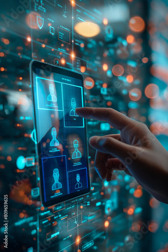 Advanced user interface showcasing real-time facial recognition system on a transparent touchscreen, emphasizing security and data connectivity in a tech-driven world - AI generated photo