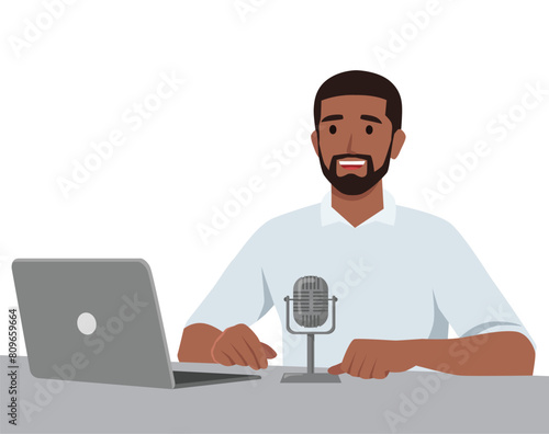 Male podcaster talking to microphone recording podcast in studio. Flat vector illustration isolated on white background