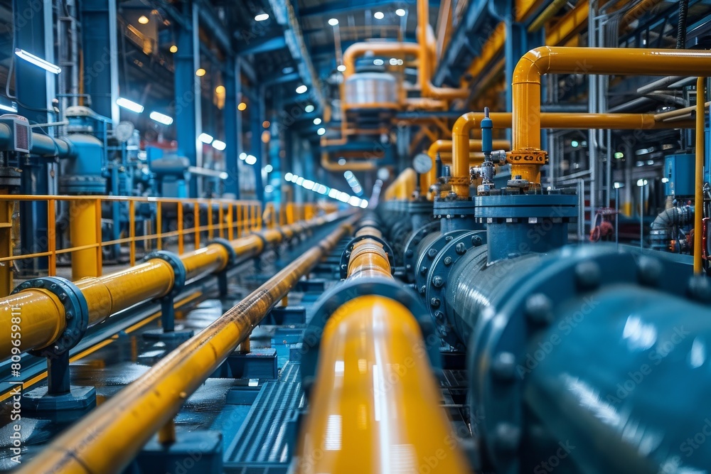 This image captures the interior of an industrial facility with long yellow pipes stretching across blue steel structures This image captures the interior of an industrial facility with long yellow pipes stretching across blue steel structures