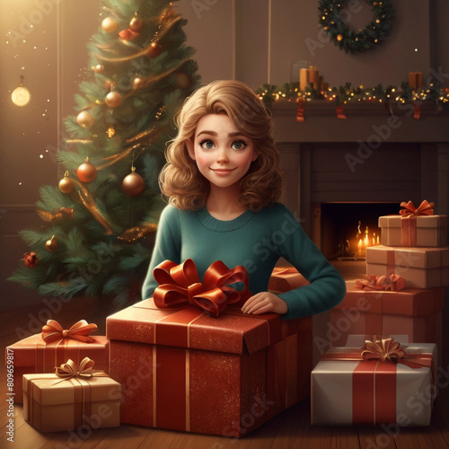 Young Girl Smiling While Holding a Large Christmas Present