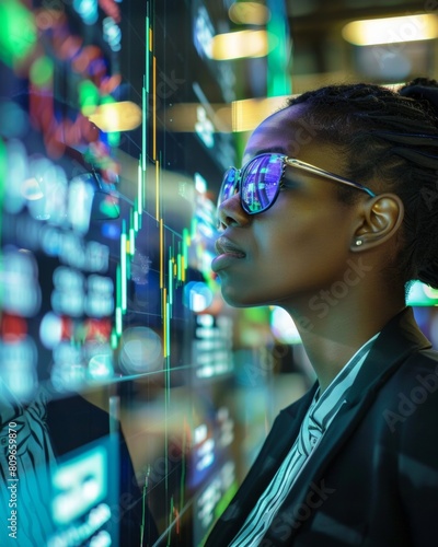 African Female Stockbroker Analyzing Cryptocurrency Trends on the Bustling Stock Market Floor