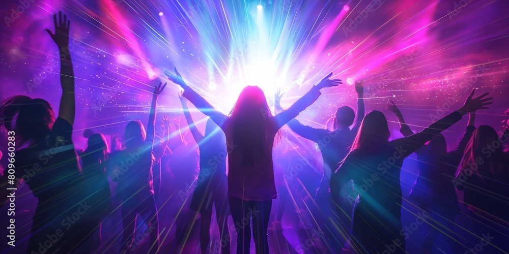 An energetic scene with silhouetted figures dancing and celebrating at a concert with vivid lighting