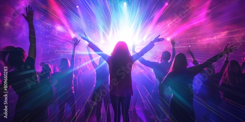 An energetic scene with silhouetted figures dancing and celebrating at a concert with vivid lighting