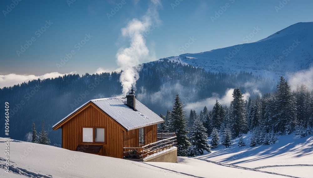 A cozy cabin nestled in a snowy mountain landscape with smoke curling from the A cozy cabin nestled in a snowy mountain landscape with smoke curling from the