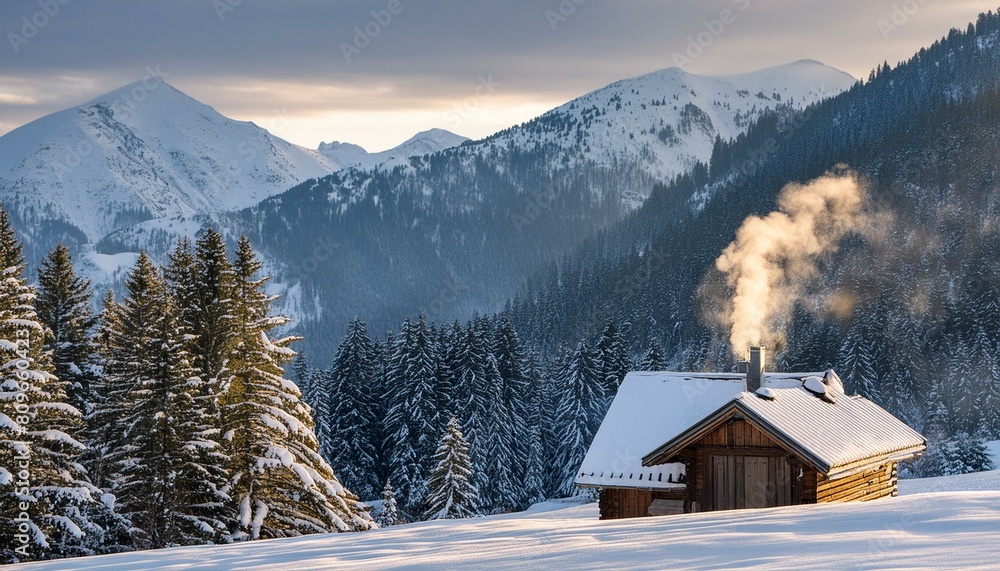 A cozy cabin nestled in a snowy mountain landscape with smoke curling from the A cozy cabin nestled in a snowy mountain landscape with smoke curling from the