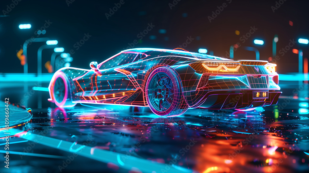 A city car driving through the night city in neon light. Generative AI. A city car driving through the night city in neon light. Generative AI.